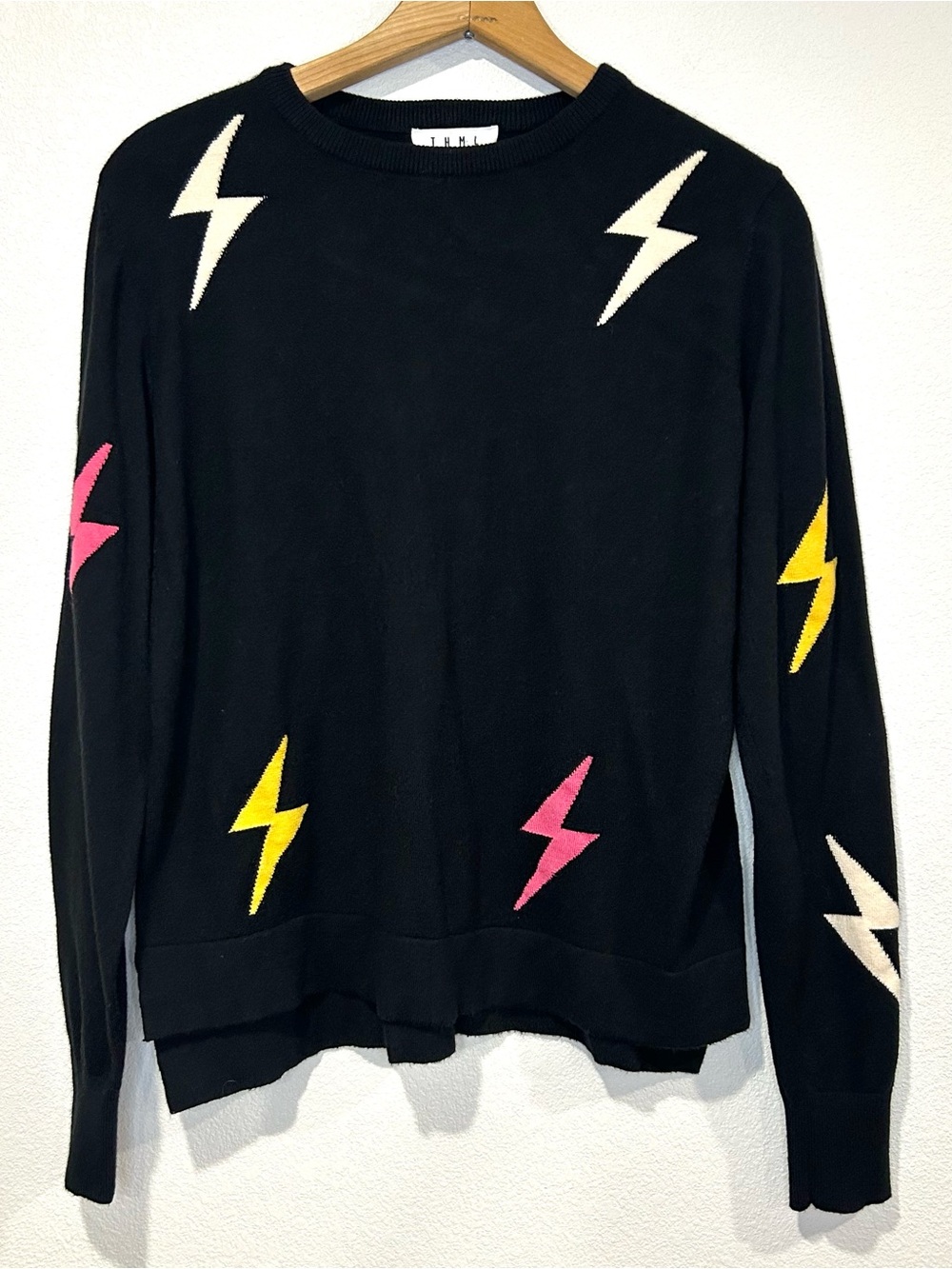 THML Lightning Bolt Black Neon Sweater 80s 90s Y2K Style Lightweight Knit Size S - Picture 2 of 7